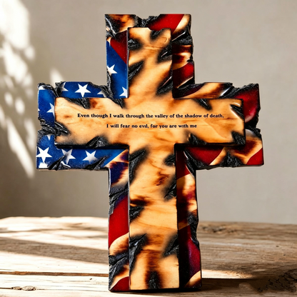 Handcrafted Tattered Flag Cross with Inspiring Verse – Rustic Faith Wall Art