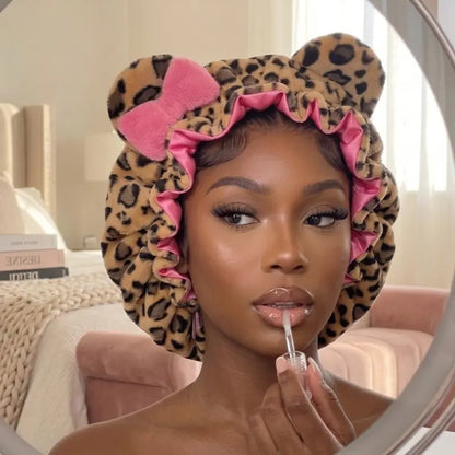 Leopard Print Satin Sleep Cap – Plush Bear Ear Hair Protection