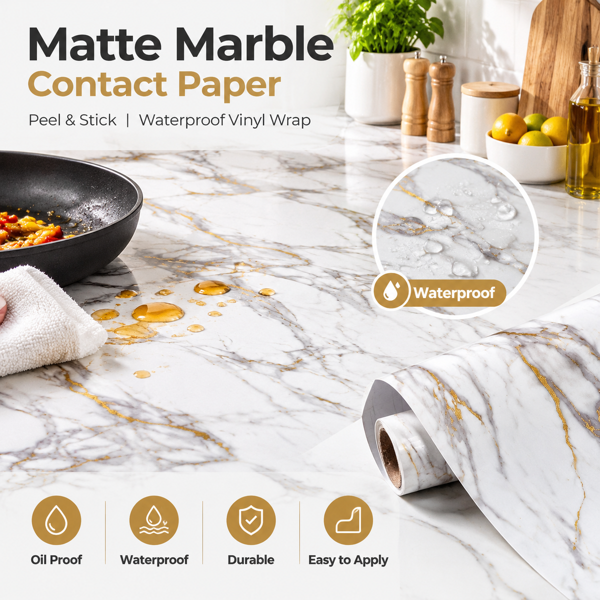 Matte Marble Contact Paper – Peel & Stick Waterproof Vinyl Wrap