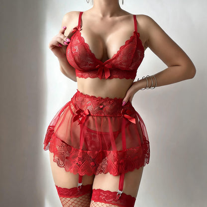 Lace Mesh Lingerie Set With Sexy Garter Style