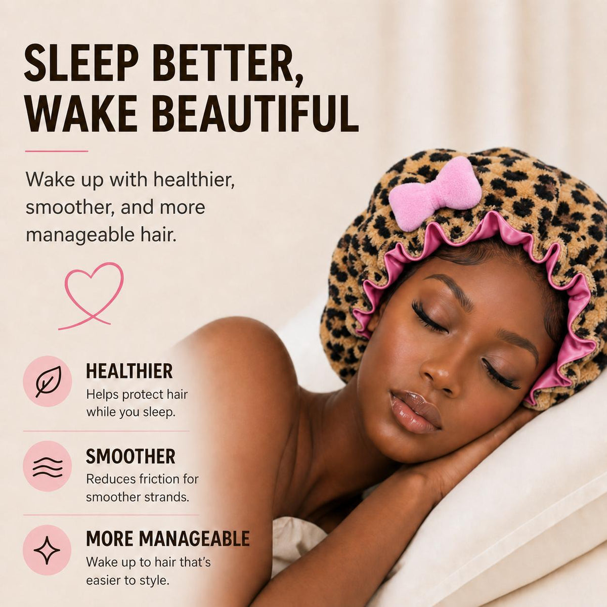Leopard Print Satin Sleep Cap – Plush Bear Ear Hair Protection