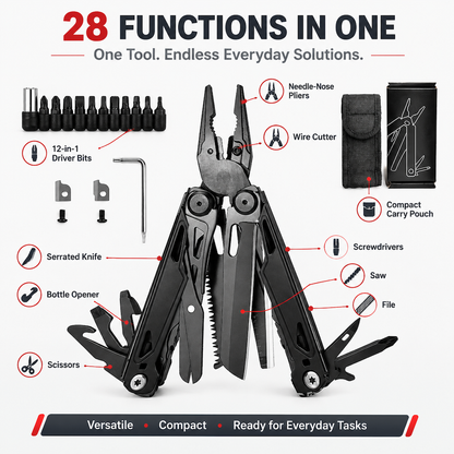 28-in-1 Stainless Steel Multitool with Self-Locking Pliers