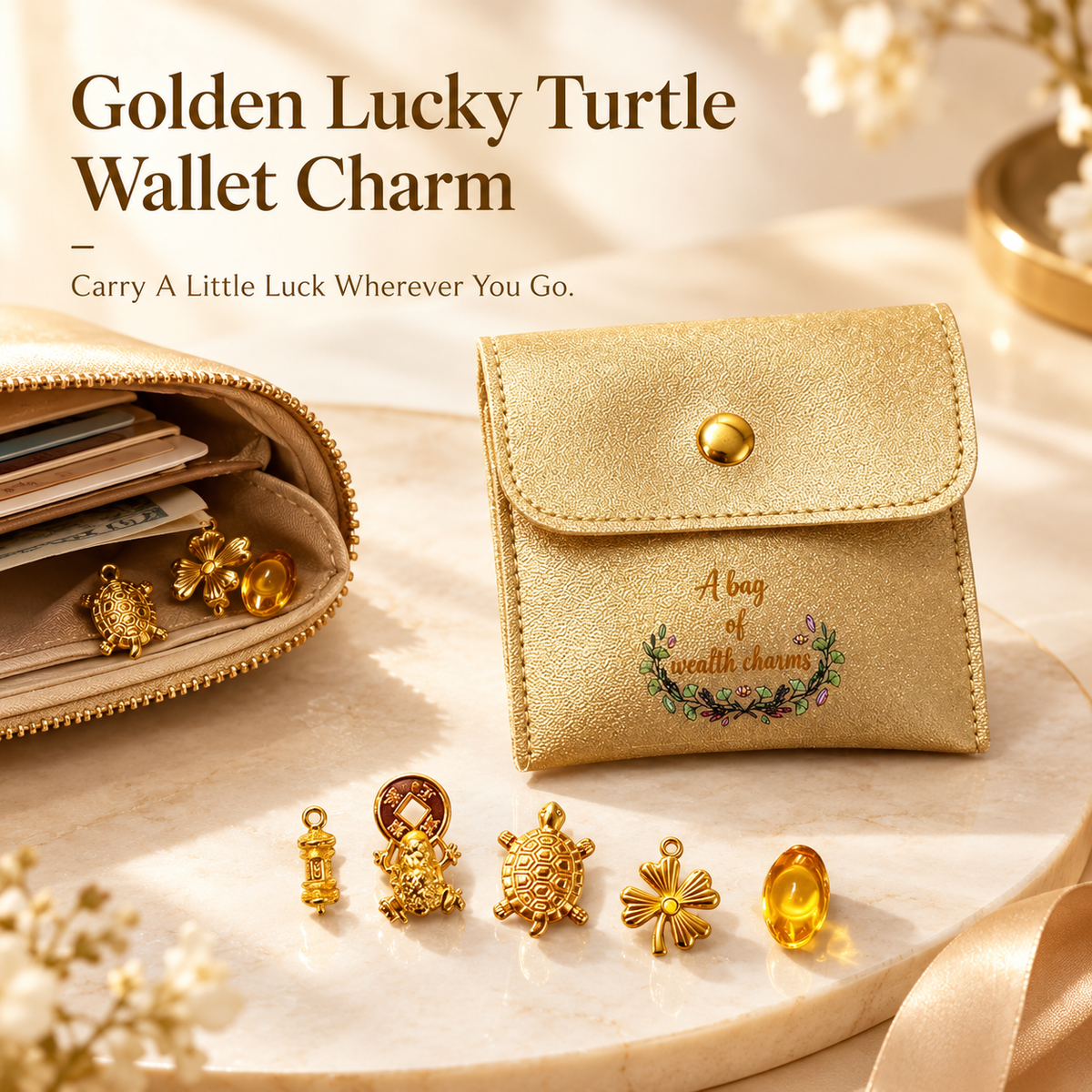 Golden Lucky Turtle Wealth Charm Set - Bites onto Luck, Never Lets Go