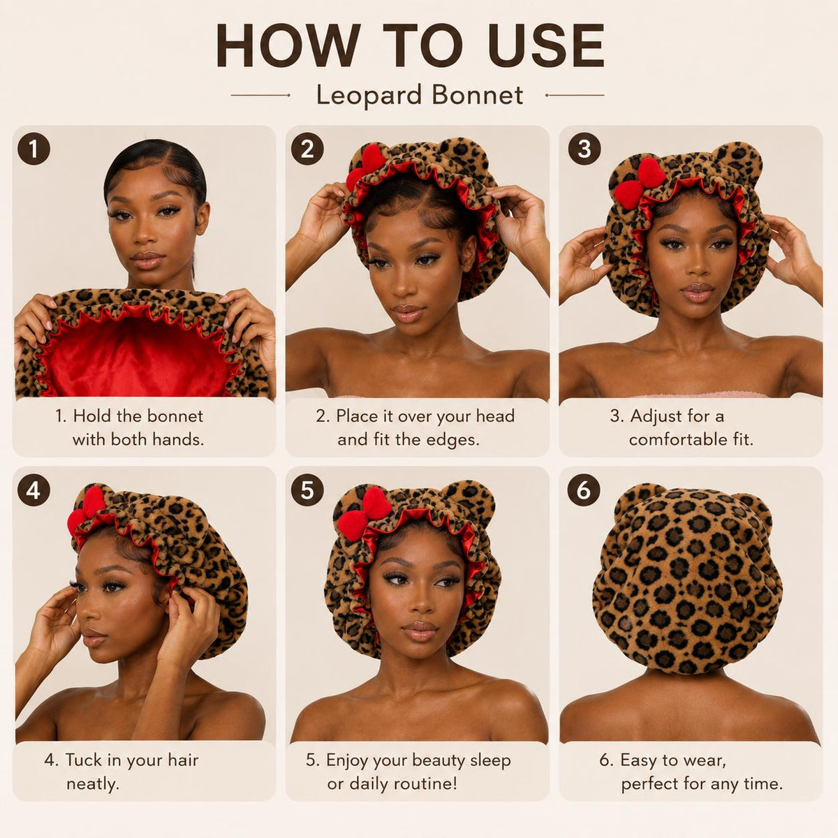 Leopard Print Satin Sleep Cap – Plush Bear Ear Hair Protection