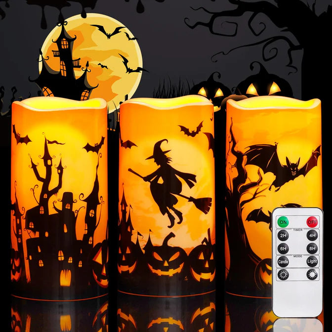 LED Pillar Candles with Remote Timers for Halloween Decoration