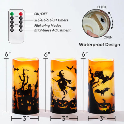 LED Pillar Candles with Remote Timers for Halloween Decoration