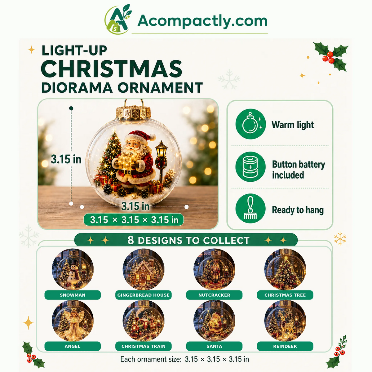 Light-Up Christmas Diorama Ornament – Enchanting Miniature Snow Globe