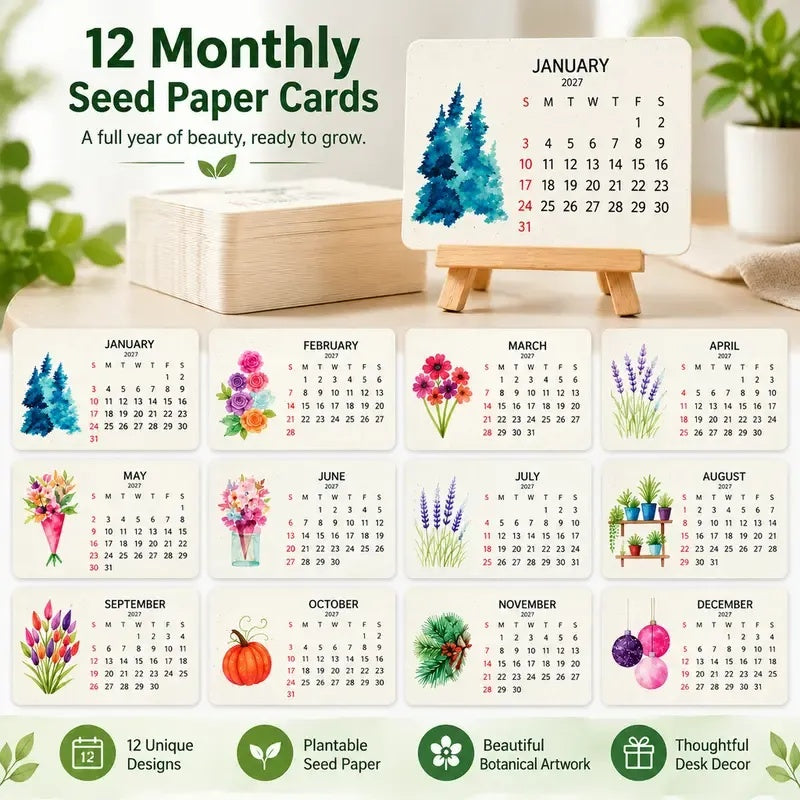 2027 Plantable Botanical Calendar – Eco-Friendly Biodegradable Wildflower Planner