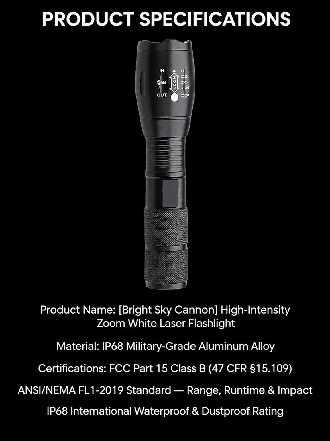 High Power Zoomable White Laser Flashlight – IP68 Military-Grade