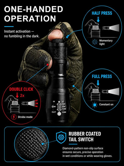 High Power Zoomable White Laser Flashlight – IP68 Military-Grade