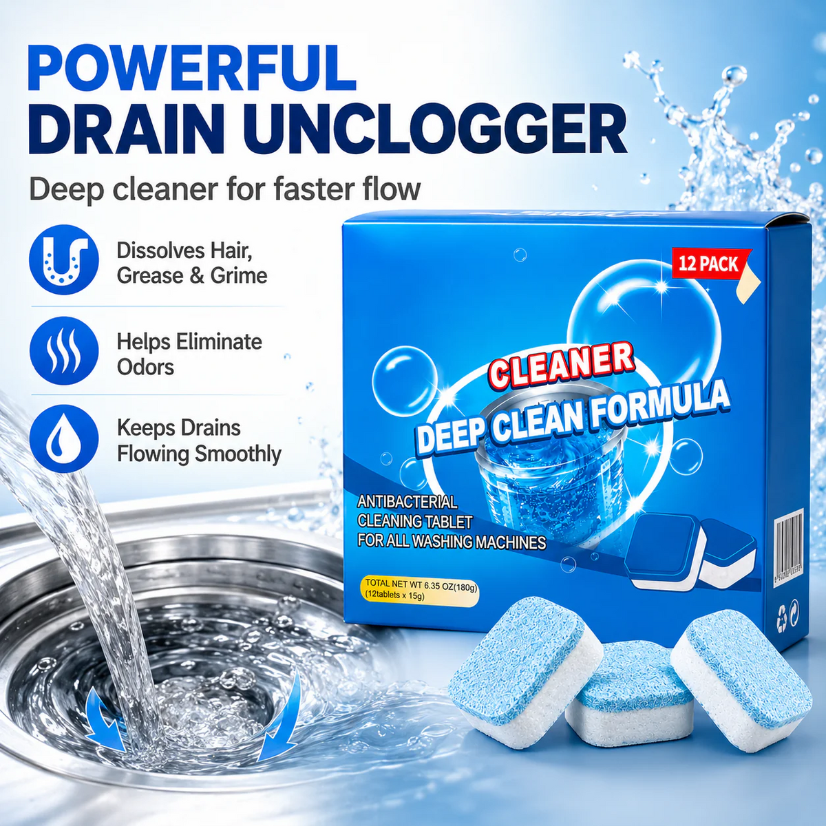 Drain Dissolver Tablets 12-Pack – Sink, Shower & Washer Rescue