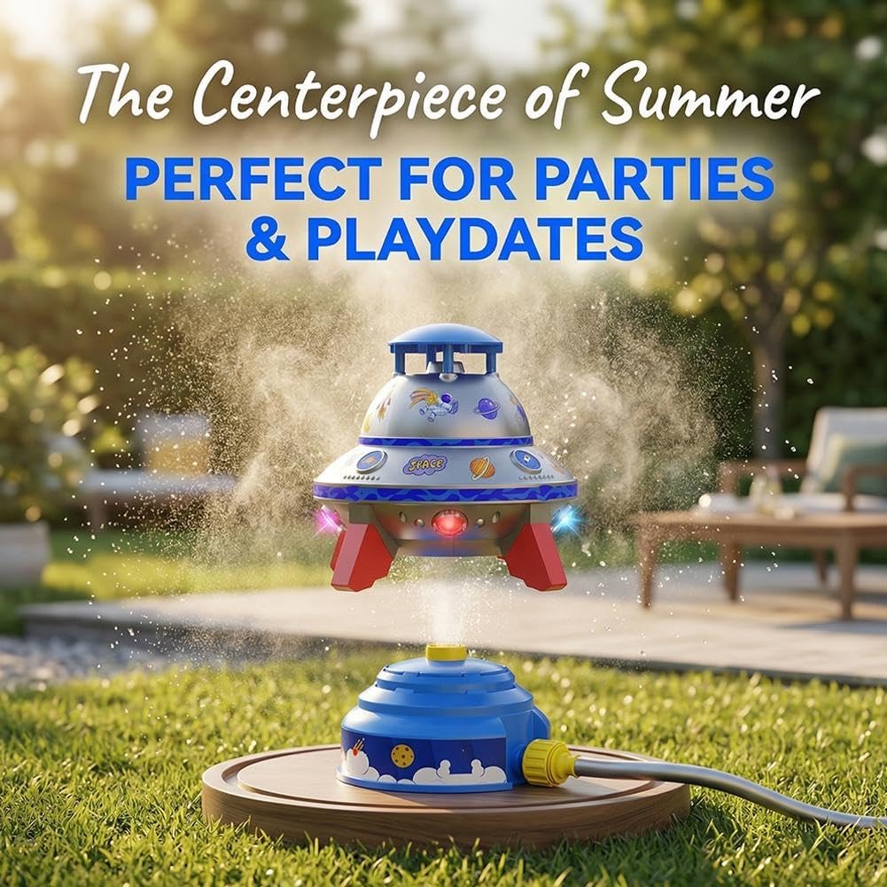 UFO Rocket Sprinkler – 360° Rotating Water Toy with LED Lights & DIY Stickers