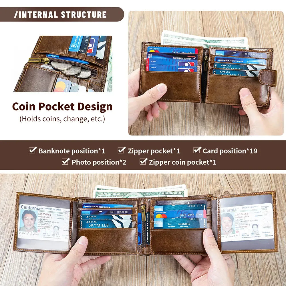 Vintage Top-Grain Leather Bi-Fold Wallet – Classic Design, Ample Storage