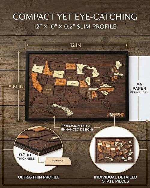 Wooden USA Travel Map Puzzle – 10"×12" Interactive Memory Board & Family Decor
