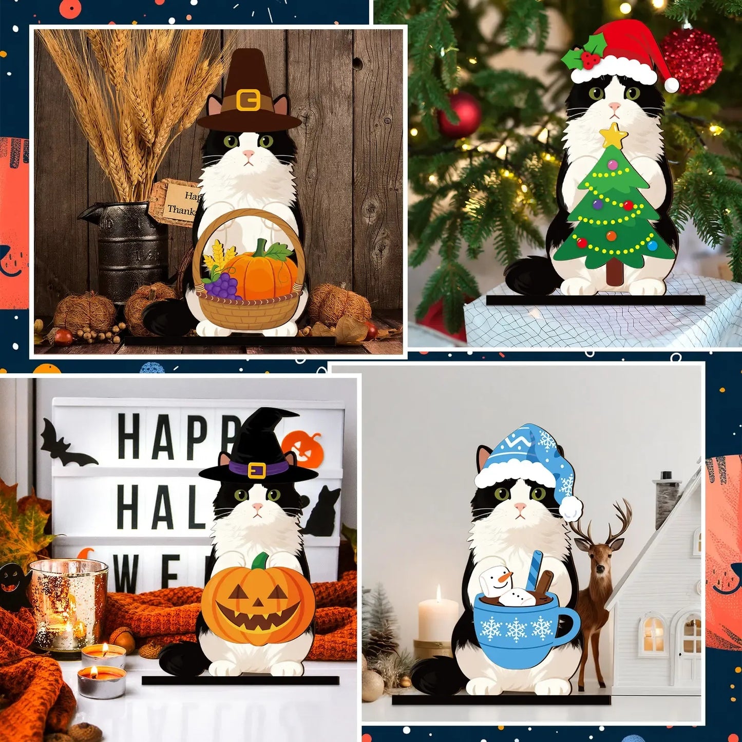 Halloween Cat Decor – Interchangeable Magnetic Wooden Sign with Detachable Hats for All Holidays