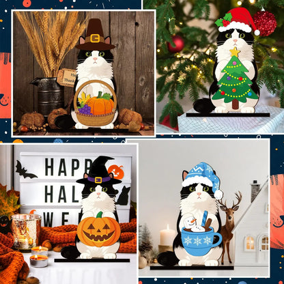 Halloween Cat Decor – Interchangeable Magnetic Wooden Sign with Detachable Hats for All Holidays