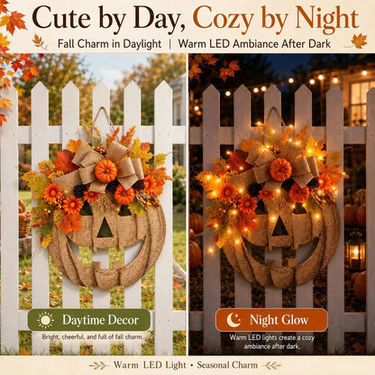 Rustic Burlap Pumpkin Wreath – Handcrafted Fall Door Décor, 2 Sizes