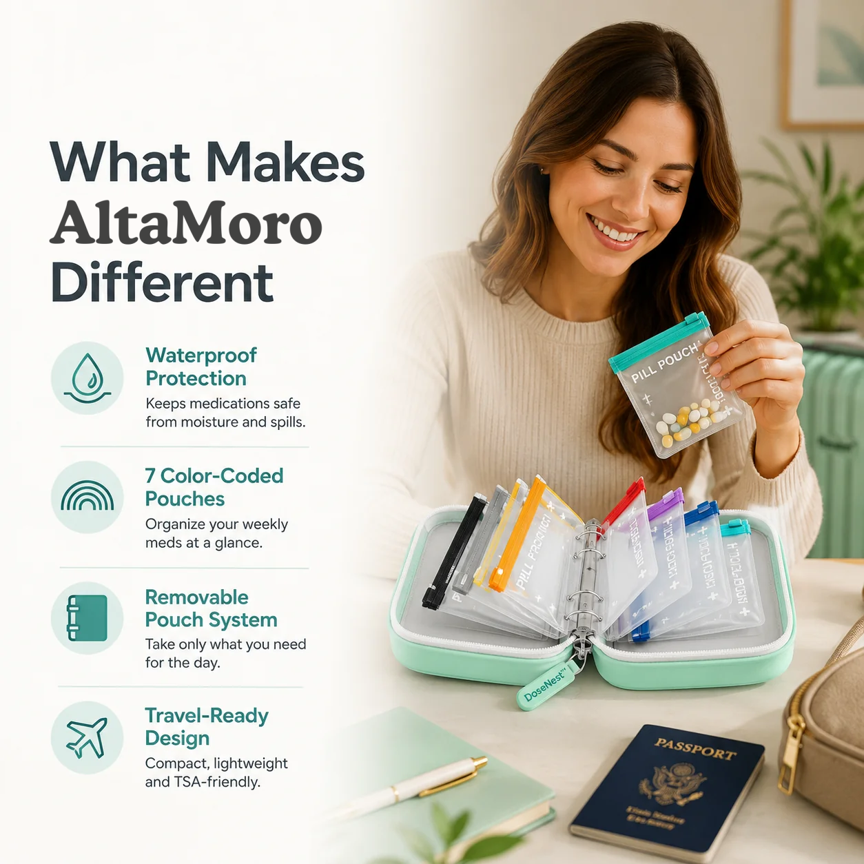 A8 14-Pouch Weekly Pill Organizer – Waterproof, Color-Coded Travel Storage
