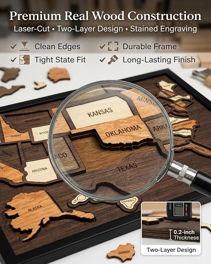 Wooden USA Travel Map Puzzle – 10"×12" Interactive Memory Board & Family Decor