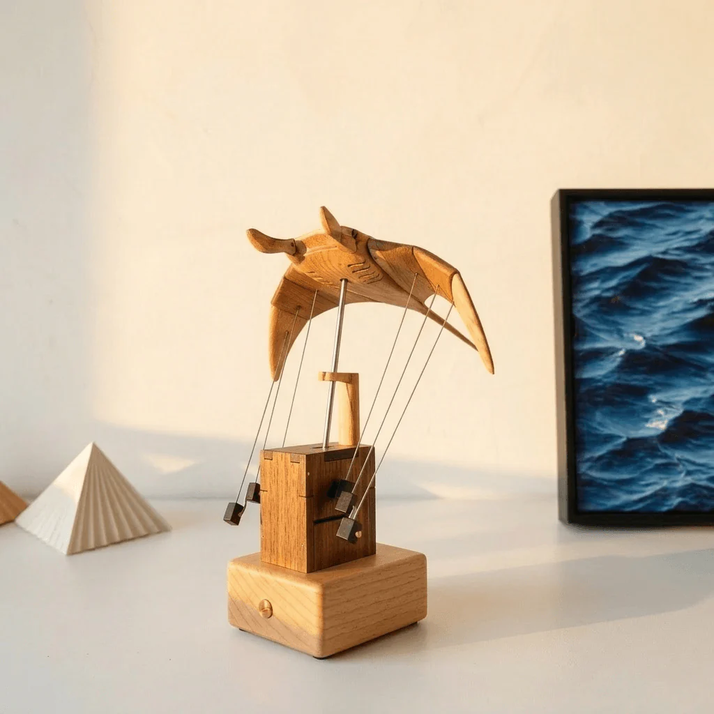 Wooden Manta Ray Sculpture with Moving Wings