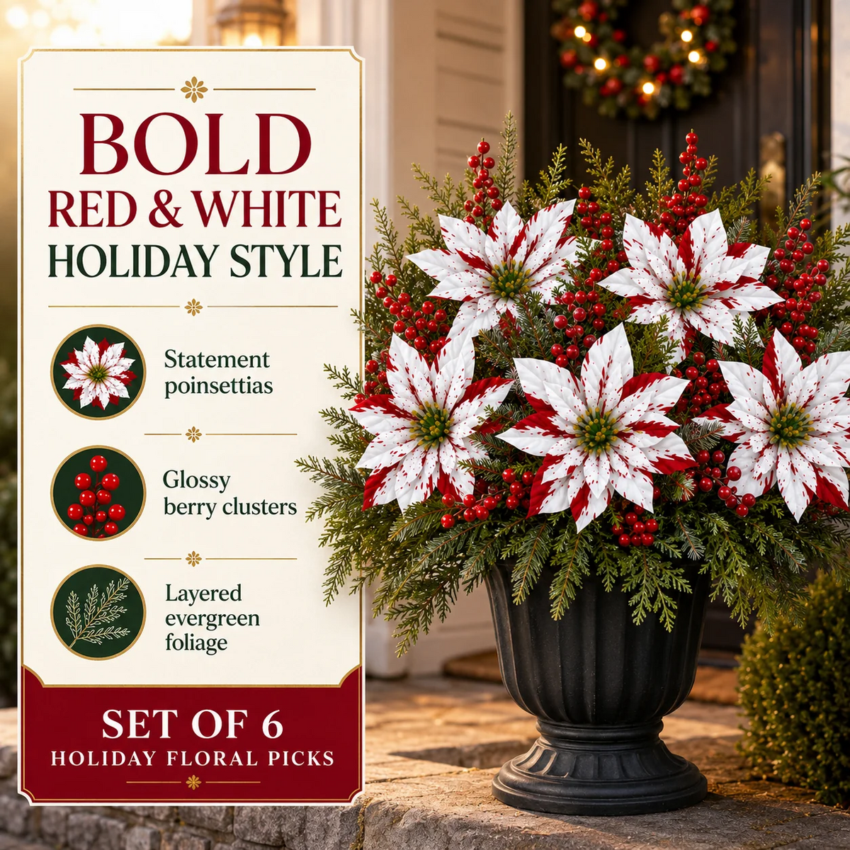 🌺🎄Christmas Poinsettia Planter Inserts – Set of 6 Holiday Floral Picks