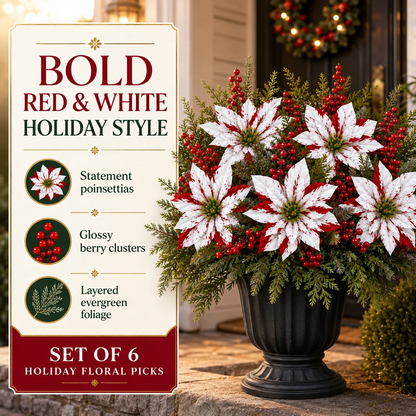 🌺🎄Christmas Poinsettia Planter Inserts – Set of 6 Holiday Floral Picks