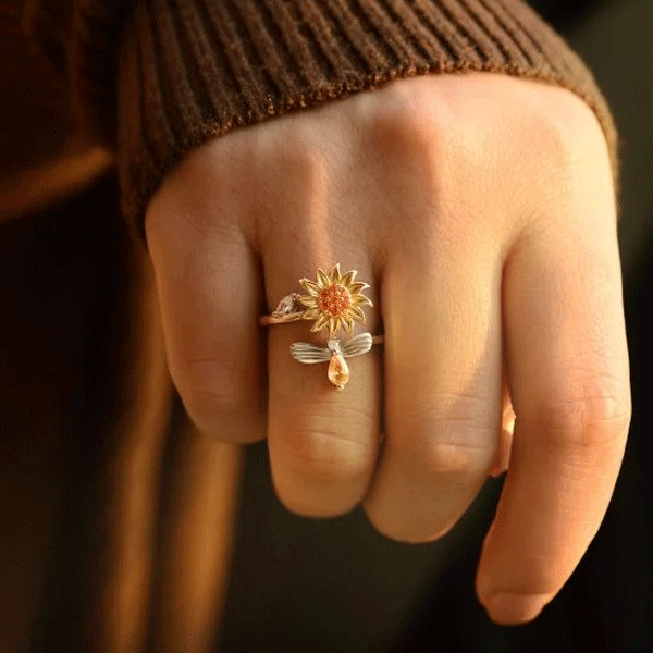 Sterling Silver Sunflower Spinner Ring – Adjustable Anxiety Relief & Stackable CZ Flower Band