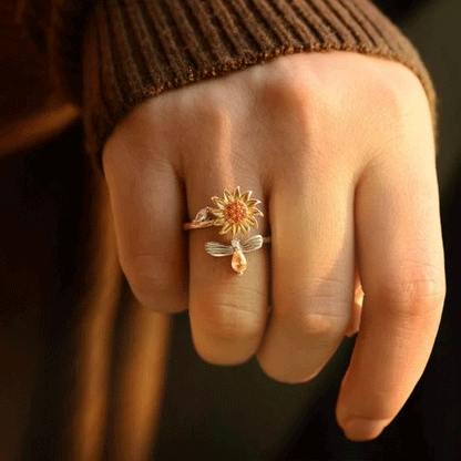 Sterling Silver Sunflower Spinner Ring – Adjustable Anxiety Relief & Stackable CZ Flower Band