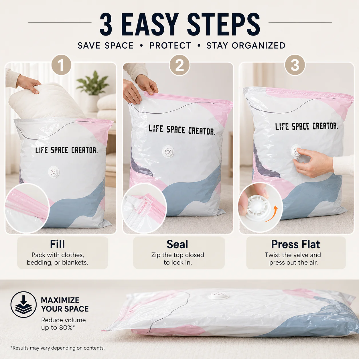 No-Pump Vacuum Storage Bags – 2 Sizes, Instant Space-Saving Compression