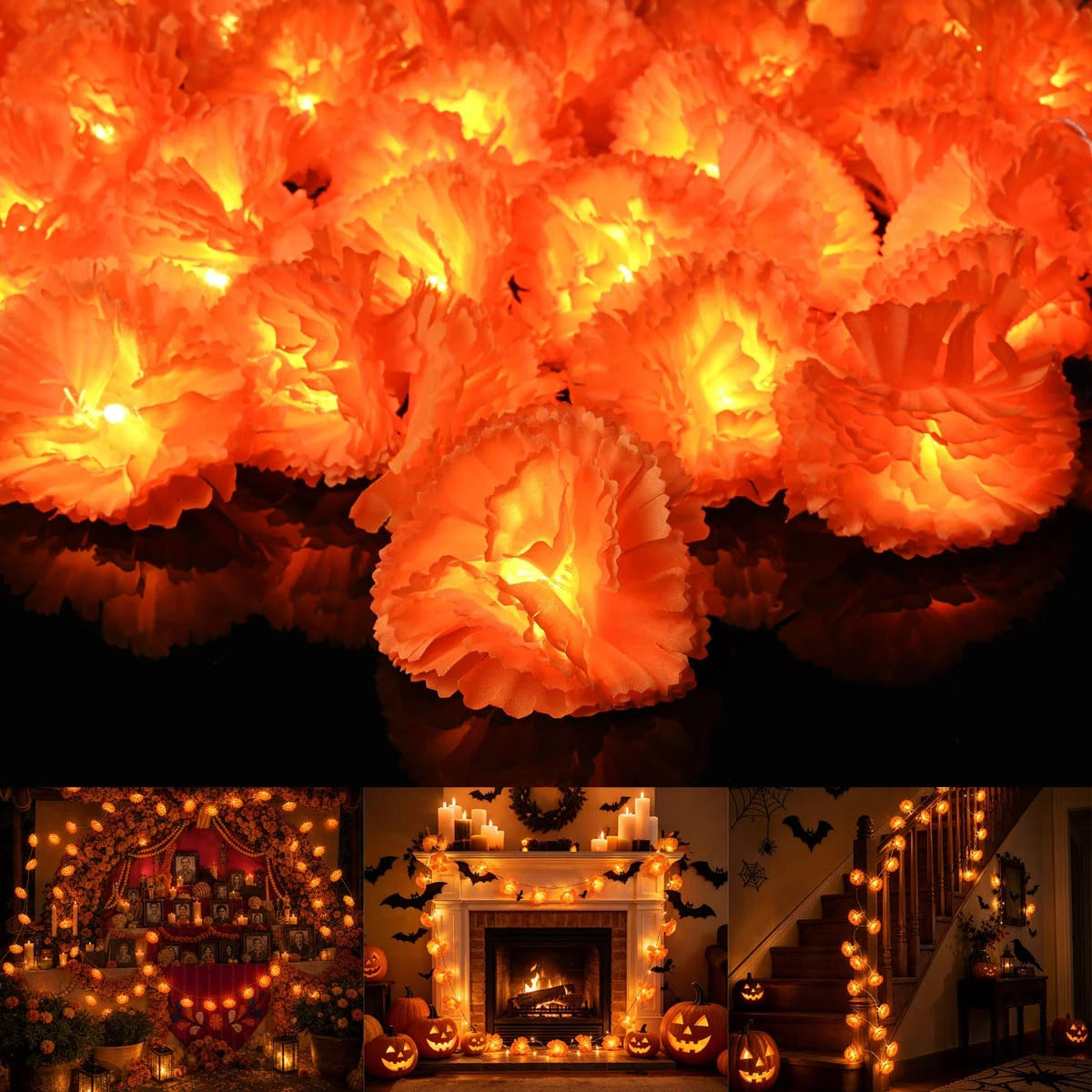 Halloween Marigold LED Garland Lights – 20/40 LEDs, Remote & Steady-On Options