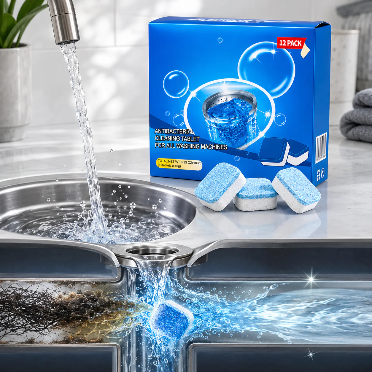 Drain Dissolver Tablets 12-Pack – Sink, Shower & Washer Rescue