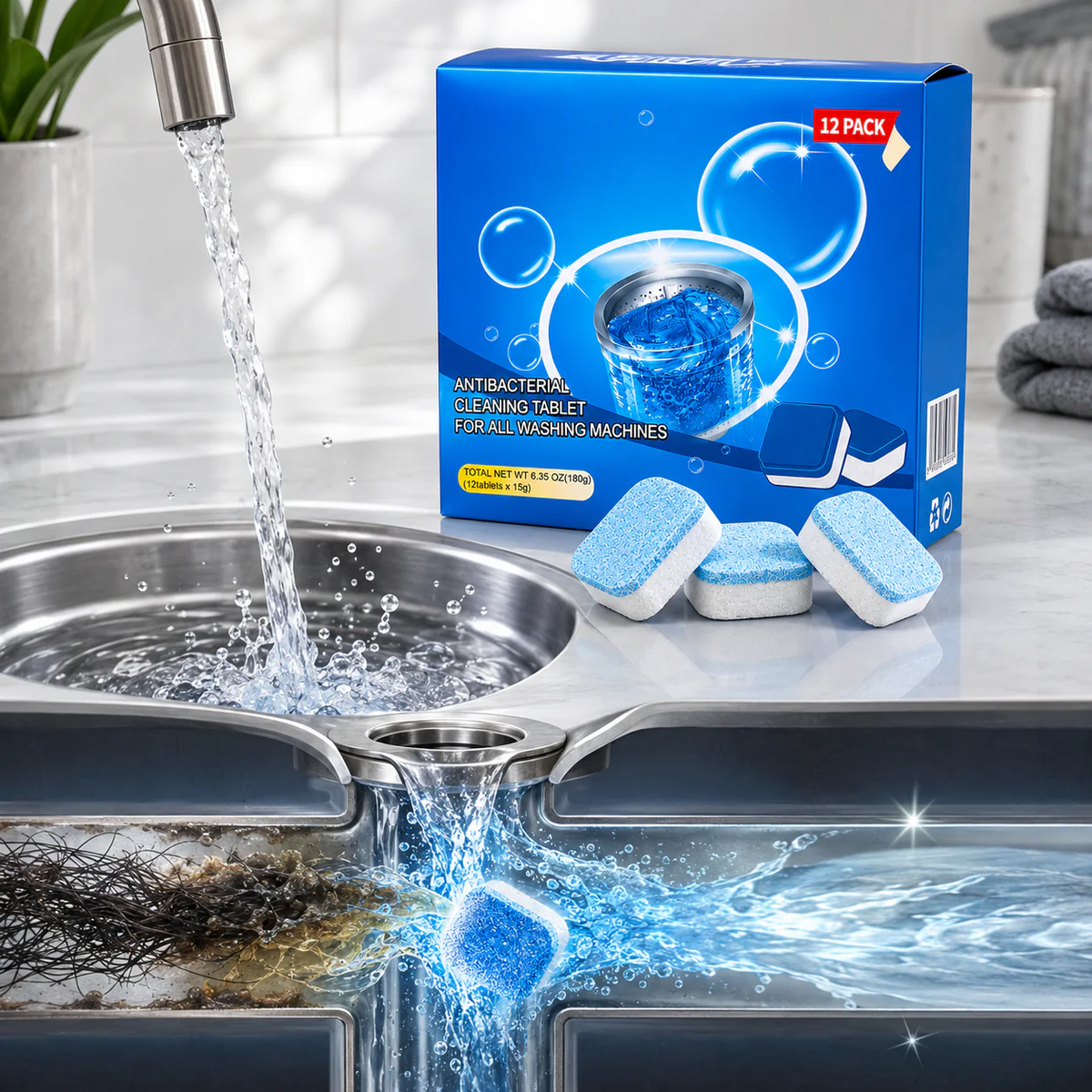 Drain Dissolver Tablets 12-Pack – Sink, Shower & Washer Rescue