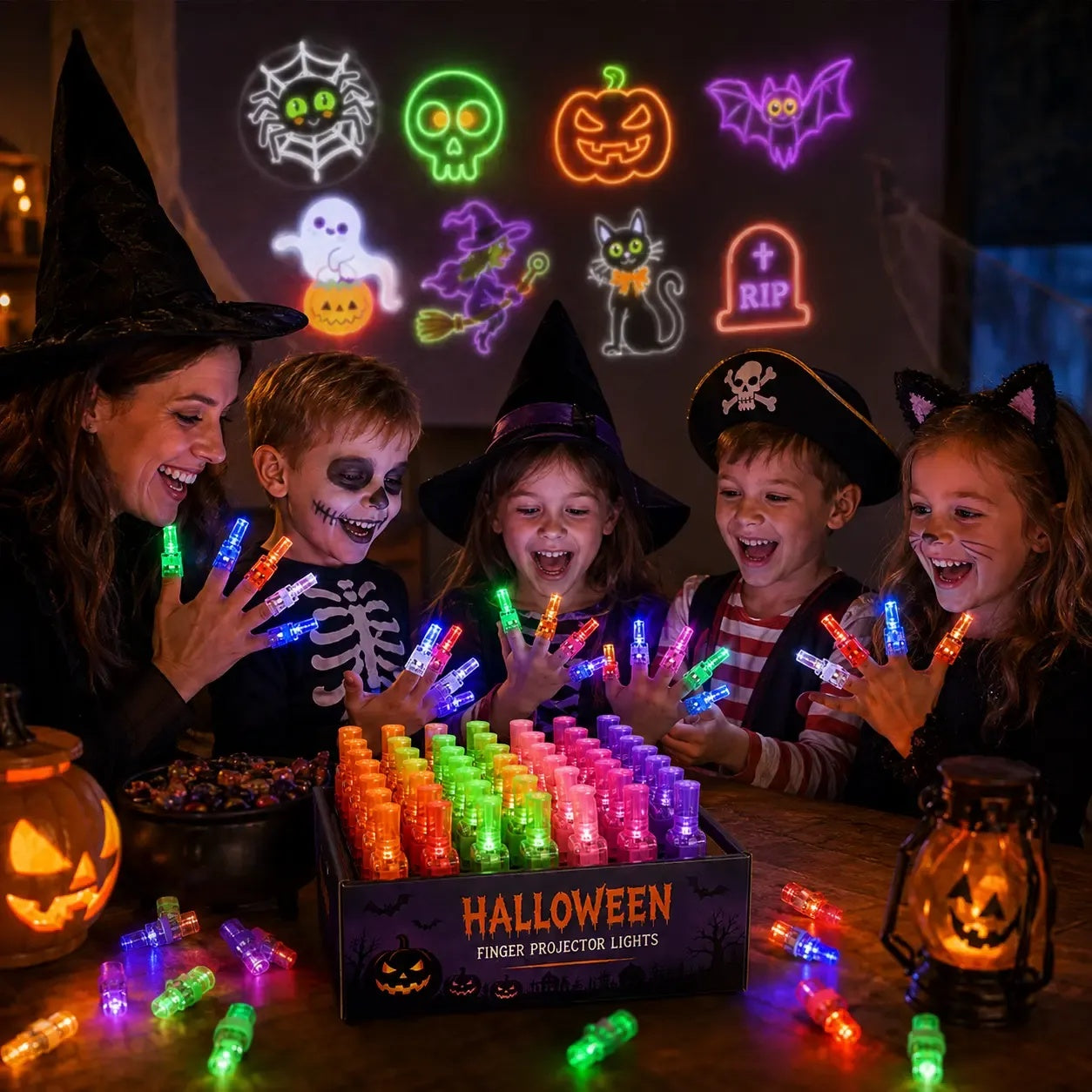 Halloween Finger Projector Rings – 8 Spooky Patterns, 24-Pack LED Party Favors