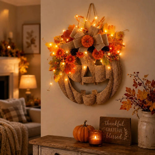 Rustic Burlap Pumpkin Wreath – Handcrafted Fall Door Décor, 2 Sizes