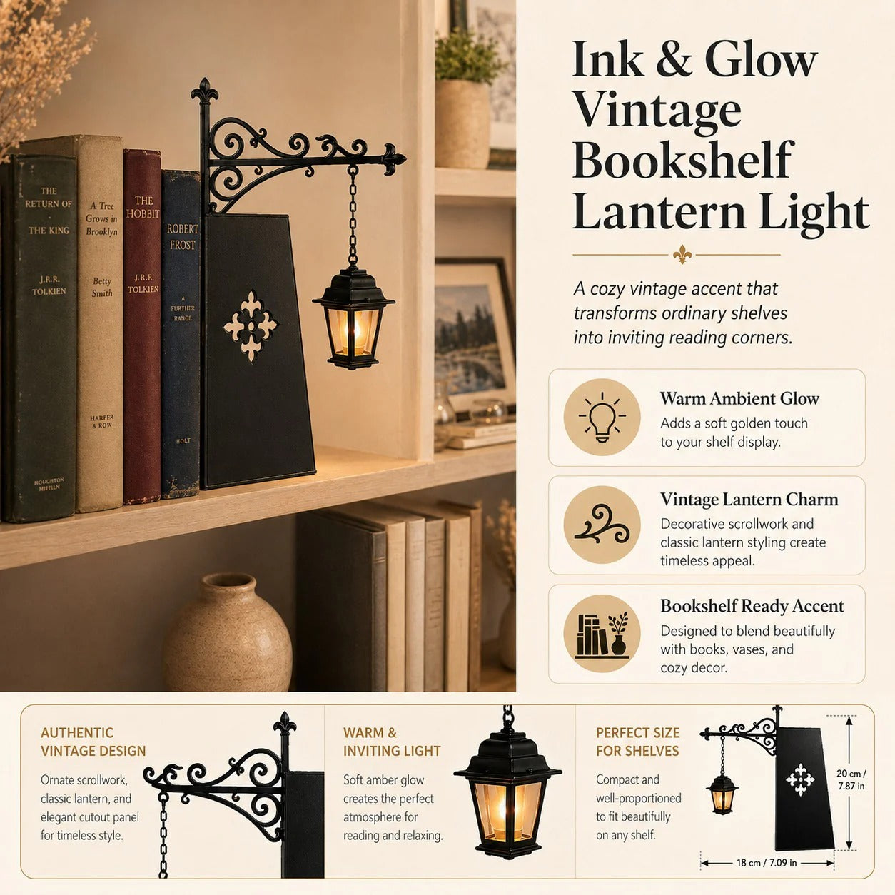 Enchanted Library Lantern – 4 Designs, Warm LED Bookshelf Décor Light