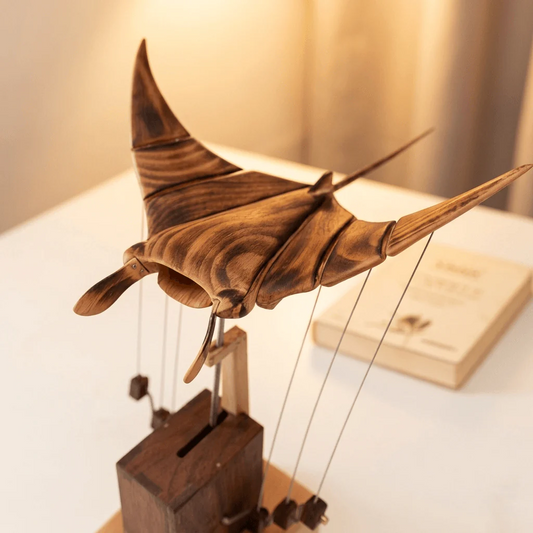 Wooden Manta Ray Sculpture with Moving Wings