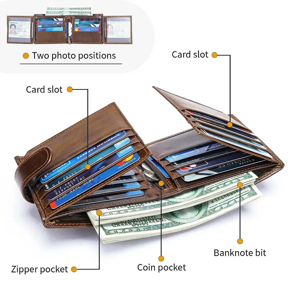 Vintage Top-Grain Leather Bi-Fold Wallet – Classic Design, Ample Storage