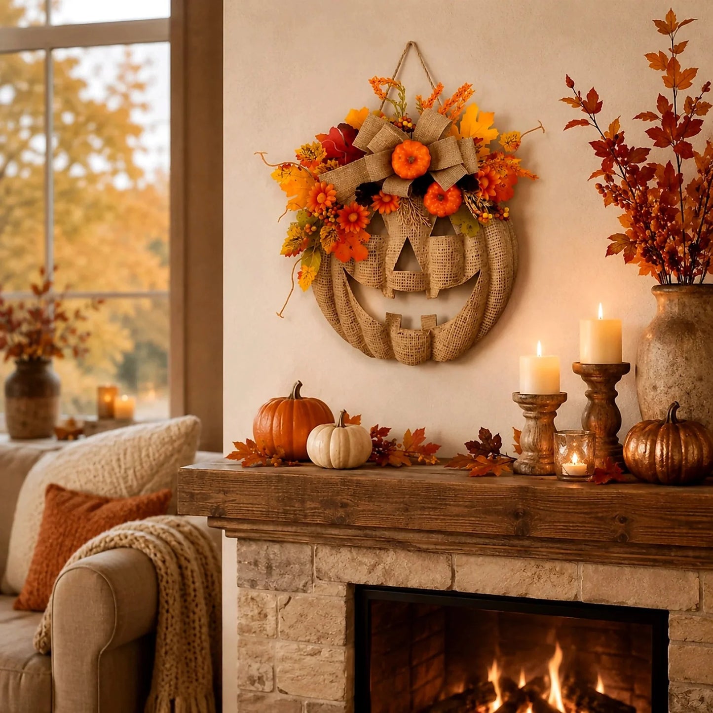 Rustic Burlap Pumpkin Wreath – Handcrafted Fall Door Décor, 2 Sizes