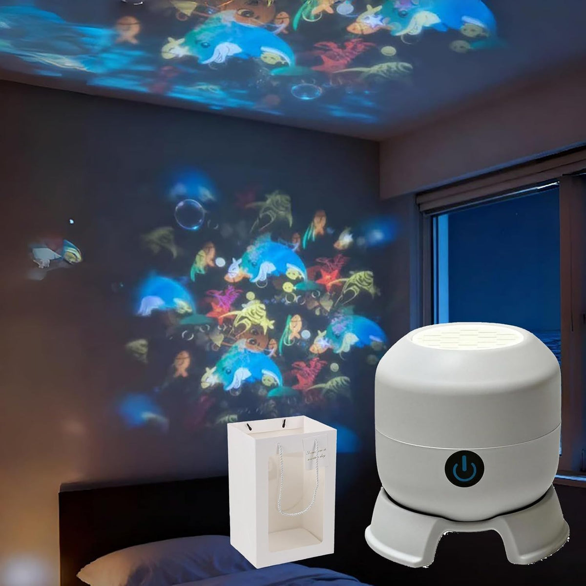 360° Rotating Ocean & Snowflake Projector – 4-Theme LED Aurora Light, USB Rechargeable