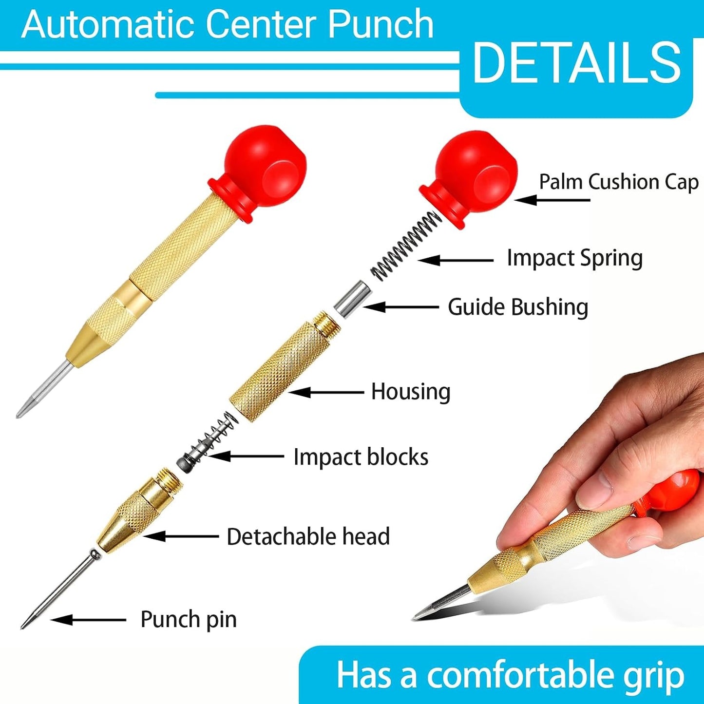 2-Pack Automatic Center Punch – 5" Spring-Loaded Brass Tool for Metal, Wood & Glass