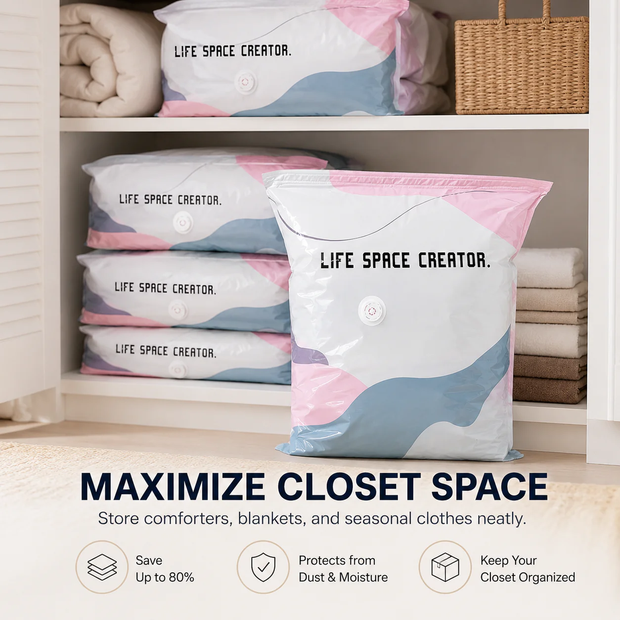 No-Pump Vacuum Storage Bags – 2 Sizes, Instant Space-Saving Compression