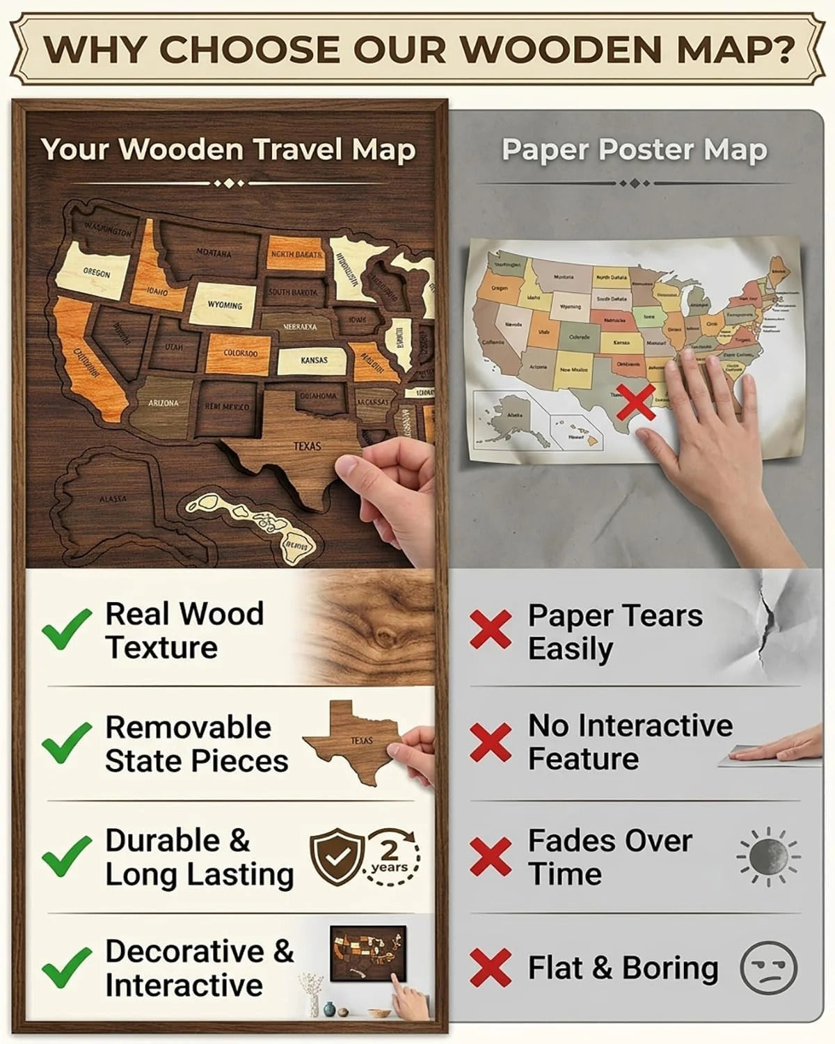 Wooden USA Travel Map Puzzle – 10"×12" Interactive Memory Board & Family Decor
