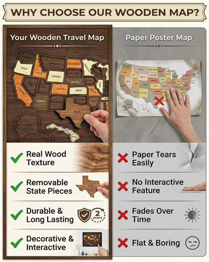 Wooden USA Travel Map Puzzle – 10"×12" Interactive Memory Board & Family Decor
