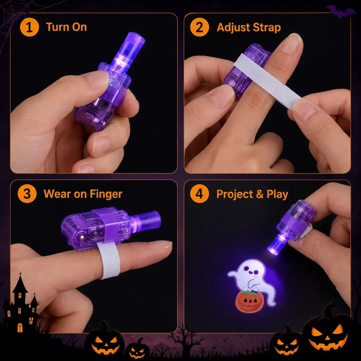 Halloween Finger Projector Rings – 8 Spooky Patterns, 24-Pack LED Party Favors