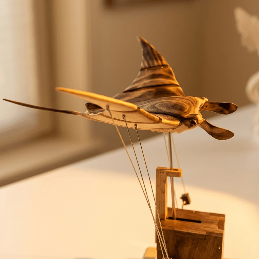 Wooden Manta Ray Sculpture with Moving Wings