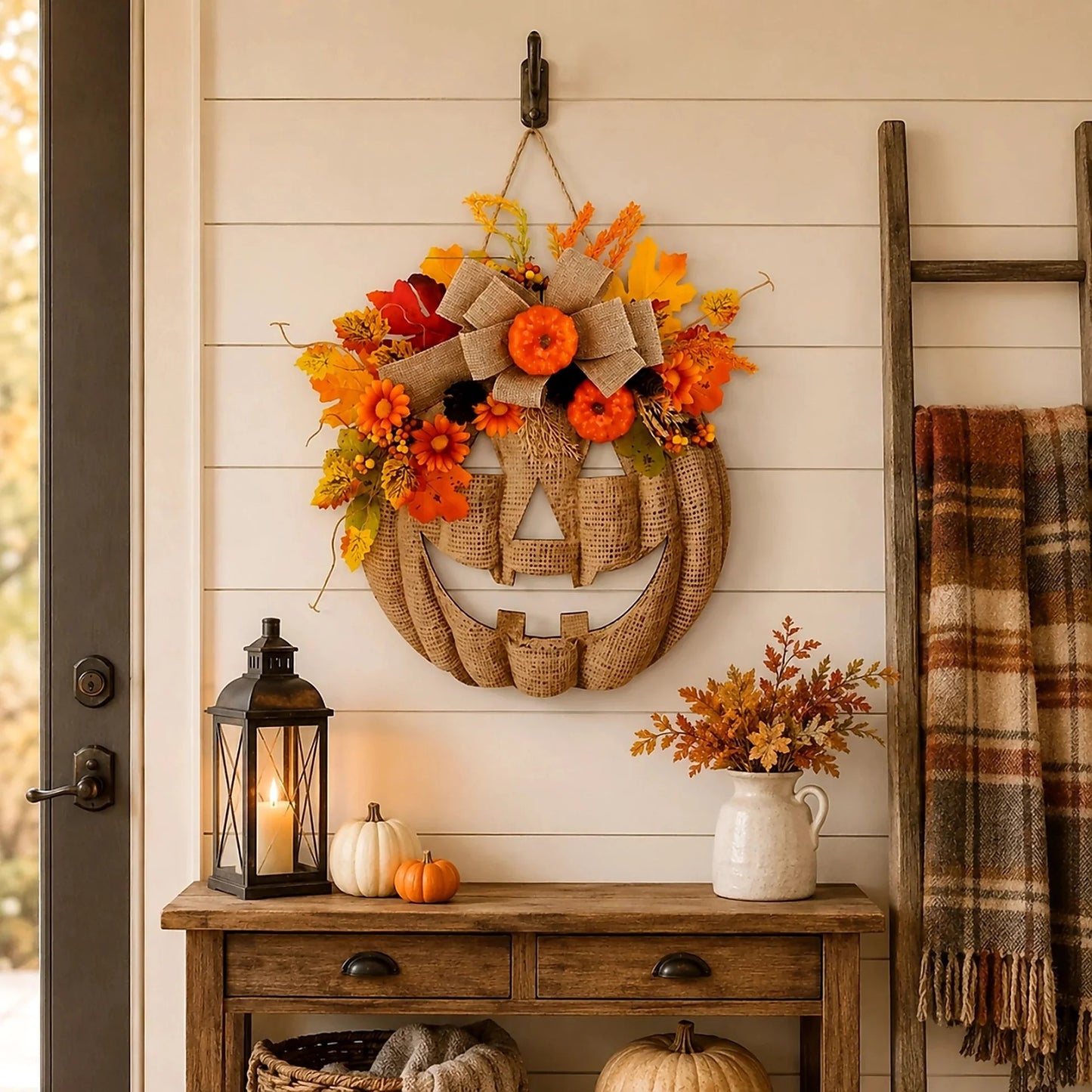 Rustic Burlap Pumpkin Wreath – Handcrafted Fall Door Décor, 2 Sizes