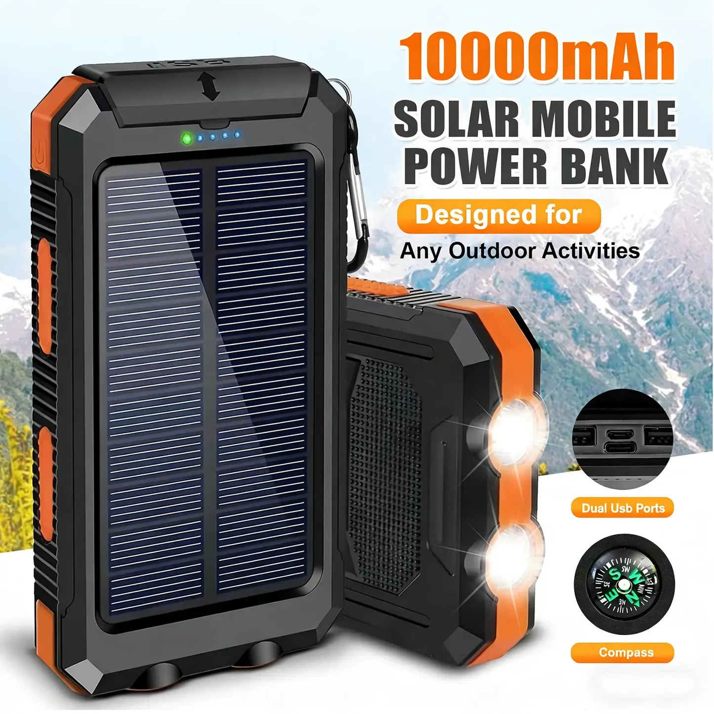 10000mAh Solar Power Bank with Flashlight & Dual USB Charging