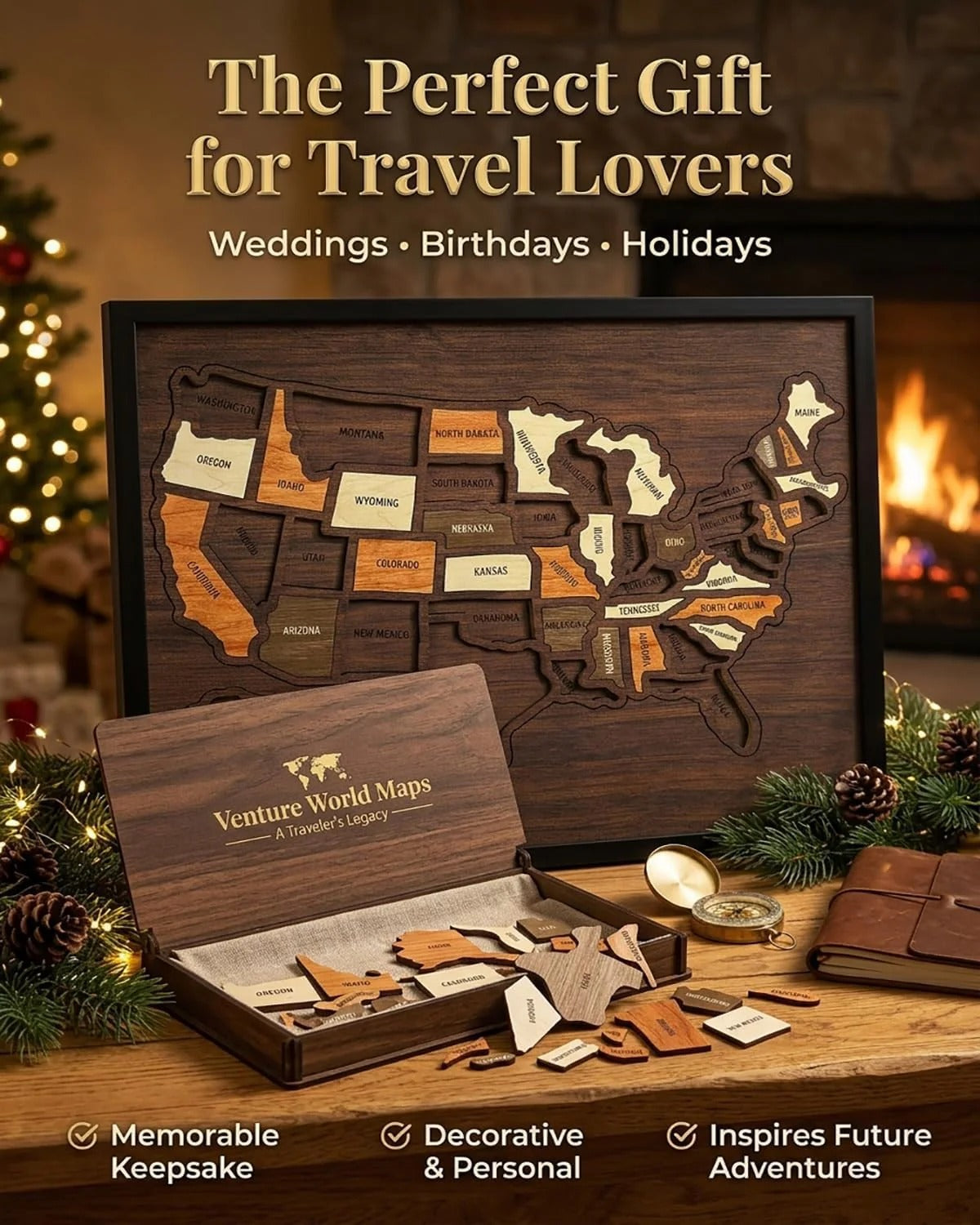 Wooden USA Travel Map Puzzle – 10"×12" Interactive Memory Board & Family Decor
