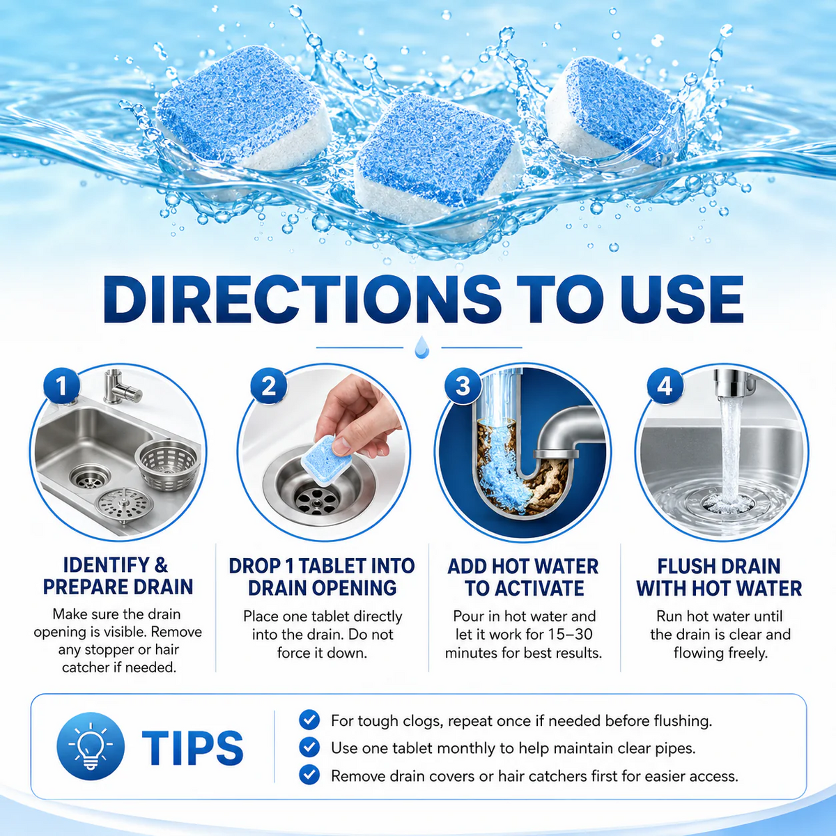 Drain Dissolver Tablets 12-Pack – Sink, Shower & Washer Rescue