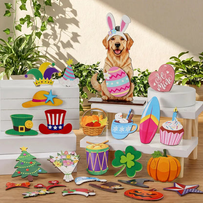 Halloween Cat Decor – Interchangeable Magnetic Wooden Sign with Detachable Hats for All Holidays